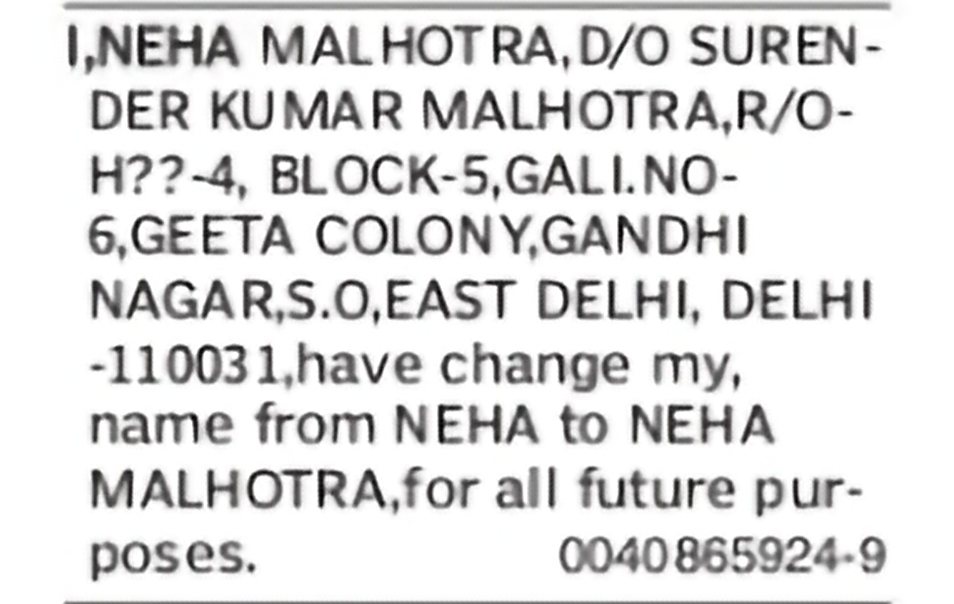 Change of Name: Neha to Neha Malhotra
