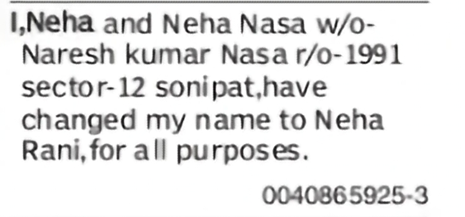 Change of Name: Neha to Neha Rani