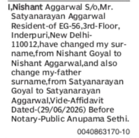 CHANGE OF NAME NISHANT GOYAL TO NISHANT AGGARWAL