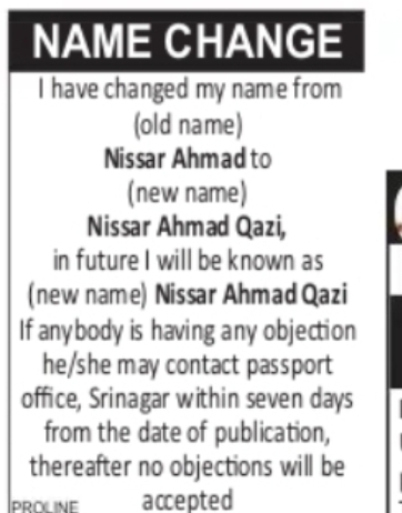 Change of Name – Nissar Ahmad to Nissar Ahmad Qazi