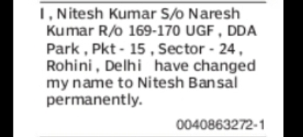 CHANGE OF NAME NITESH KUMAR TO NITESH BANSAL