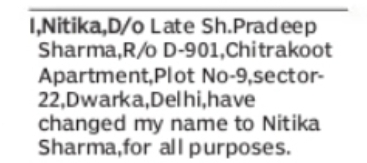 CHANGE OF NAME NITIKA TO NITIKA SHARMA