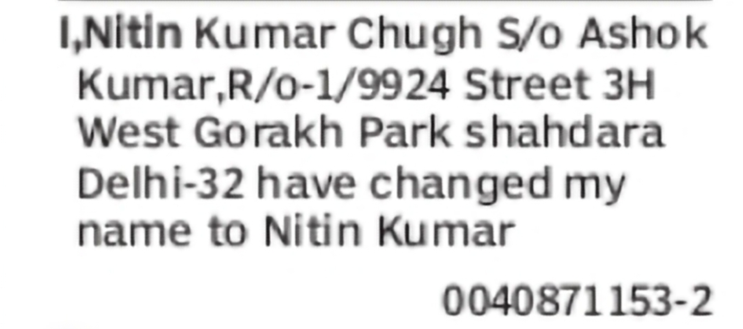 CHANGE OF NAME: Nitin Kumar Chugh to Nitin Kumar