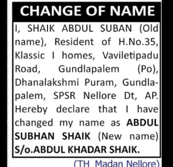 CHANGE OF NAME NOTICE – ABDUL SUBHAN SHAIK