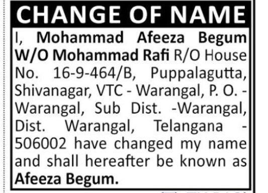 Change of Name Notice – Afeeza Begum