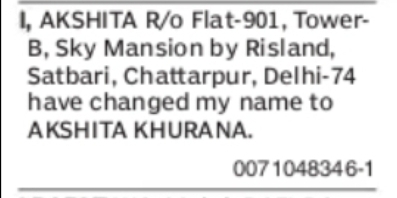 Change of Name Notice – Akshita Khurana