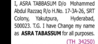 CHANGE OF NAME NOTICE – ASRA TABASSUM