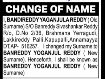 Change of Name Notice – Banreddy Yoganjul Reddy