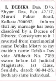 Change of Name Notice – Debika Das