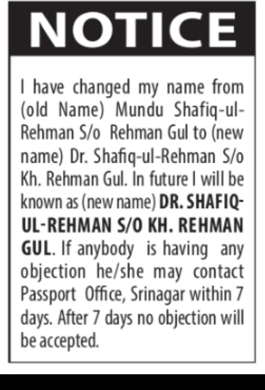 Change of Name Notice – Dr. Shafiq-ul-Rehman