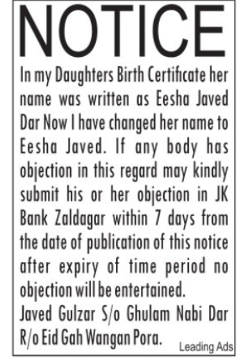 Change of Name Notice – Eesha Javed Dar to Eesha Javed