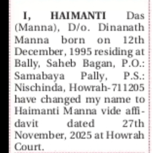 CHANGE OF NAME NOTICE (HAIMANTI MANNA)