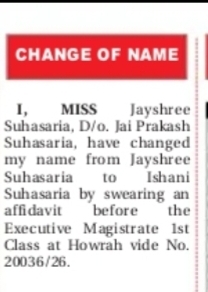 Change of Name Notice – Ishani Suhasaria