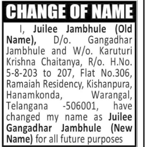 Change of Name Notice – Juilee Gangadhar Jambhule