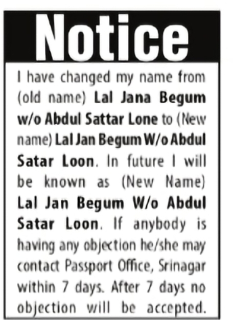 Change of Name Notice – Lal Jana Begum to Lallan Begum