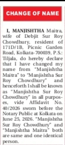 Change of Name Notice – Manjishtha Sur Roy Chowdhury