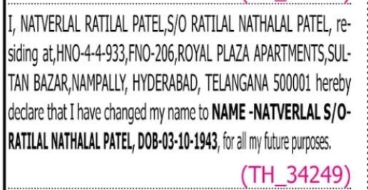 Change of Name Notice – Natverlal Ratilal Patel