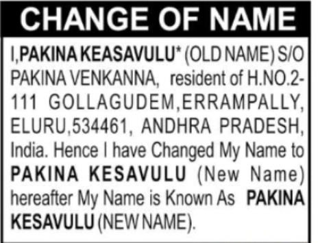 Change of Name Notice – Pakina Kesavulu