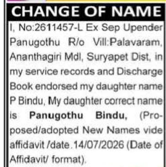 Change of Name Notice – Panugothu Bindu