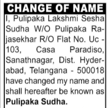 Change of Name Notice – Pulipaka Sudha