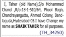 Change of Name Notice – Shaik Taher