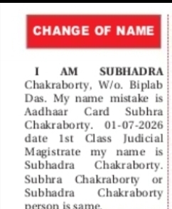 Change of Name Notice – Subhadra Chakraborty