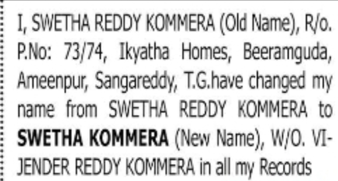 CHANGE OF NAME NOTICE - SWETHA REDDY KOMMERA