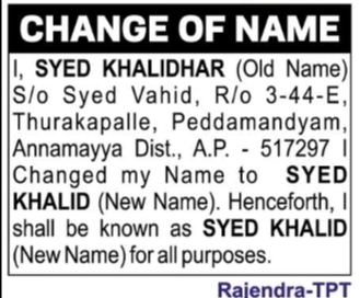 Change of Name Notice – Syed Khalid