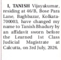 Change of Name Notice – Tanish Bhadury