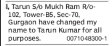 Change of Name Notice – Tarun Kumar