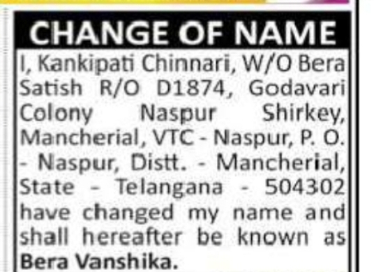CHANGE OF NAME NOTICE