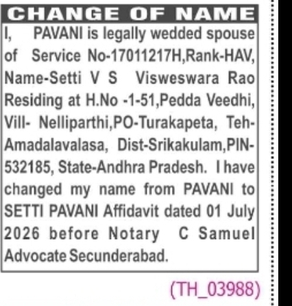 Change of Name Notice Pavani to Setti Pavani