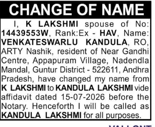 Change of Name Notification – Kandula Lakshmi