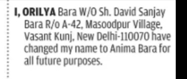 CHANGE OF NAME – ORILYA BARA TO ANIMA BARA (Delhi)