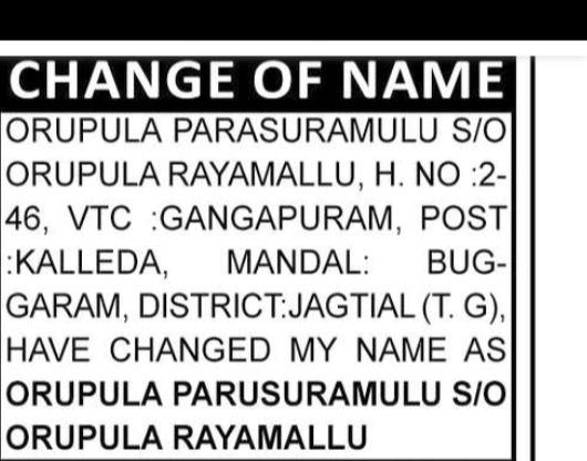 Change of Name: Orupula Parasuramulu to Orupula Parusuramulu