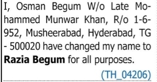 Change of Name – Osman Begum to Razia Begum