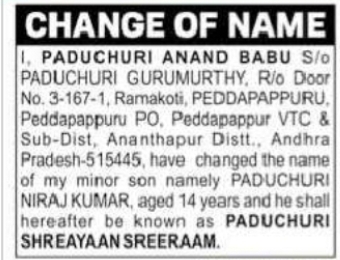 Change of Name: Paduchuri Niraj Kumar to Paduchuri Shreayaans Sreeraam