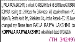Change of Name: Paila Rajya Lakshmi to Koppala Rajyalakshmi