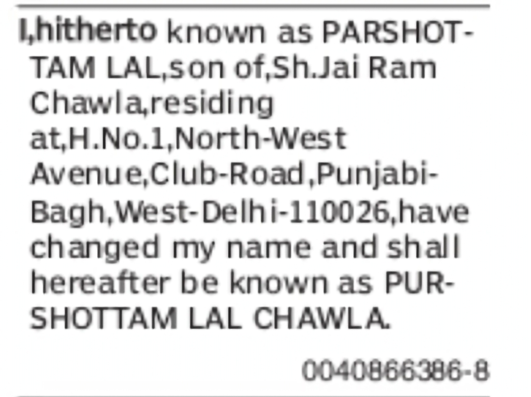 Change of Name: Parshotam Lal to Purshottam Lal Chawla