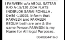 Change of Name: Parveen Begum to Parveen