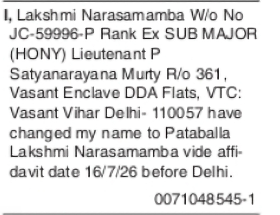 Change of Name – Pataballa Lakshmi Narasamamba