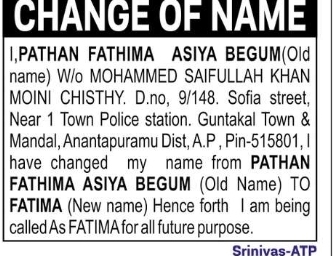 CHANGE OF NAME: PATHAN FATHIMA ASIYA BEGUM to FATIMA