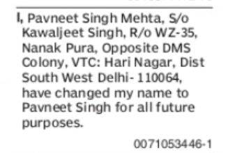 Change of Name: Pavneet Singh Mehta to Pavneet Singh