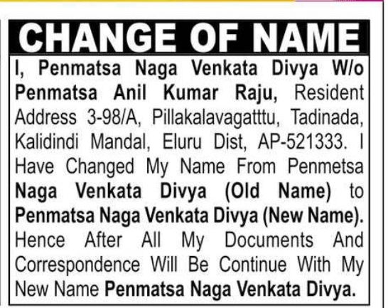 Change of Name: Penmetsa Naga Venkata Divya to Penmatsa Naga Venkata Divya