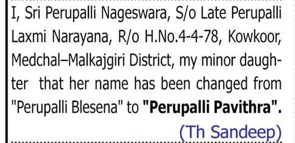 Change of Name – Perupalli Blesena to Perupali Pavithra
