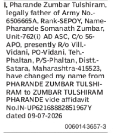 Change of Name – Pharande Zumbar Tulshiram to Zumbar Tulshiram Pharande