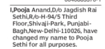 CHANGE OF NAME POOJA ANAND TO POOJA SETHI