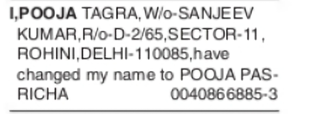 Change of Name – Pooja Pasricha
