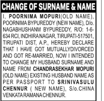 Change of Name – Poornima Mopuri to Poornima Bypureddy