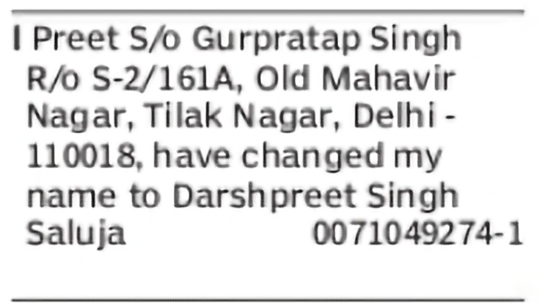 Change of Name – Preet to Darshpreet Singh Saluja